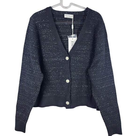 Estelle Sweaters - Womens Black Cardigan Plus 2X 18W Silver Dark Academia Metallic Holiday Festive